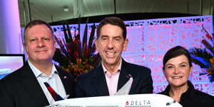 (Left to right) Brisbane Airport CEO Gert-Jan de Graaff,Queensland deputy premier Cameron Dick and Delta Australia manager Kelly Clive at the announcement of Delta Air Lines new direct LA to Brisbane flight. 