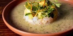 Toloache,a sharply dressed ceviche of diced prawn,barra and snapper.