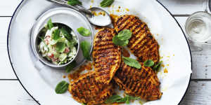 Grilled chicken breast with cucumber and yoghurt relish.
