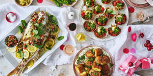 Clockwise from left:Julia Busuttil Nishimura’s Maltese-style stuffed snapper;Karen Martini’s grilled Romano beans with braised lemon,garlic and dill;Danielle Alvarez’s baked scallops with tomatoes and herbed breadcrumbs;Karen Martini’s roasted potatoes with herbed fromage blanc. 