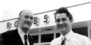 Brian Clough shakes hands with Forest chairman Jim Willmer at his appointment in 1975.