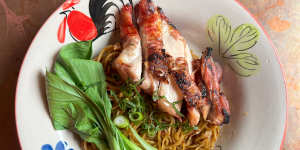 Egg noodles with char siu chicken at BKK.