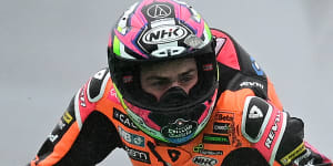 Alonso Lopez crashes out of the Moto2 race,which was eventually red-flagged before it finished.