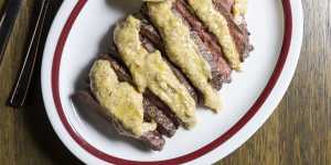 Oyster blade steak with cheesy cacio e pepe butter.