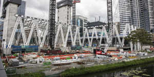 The exoskeleton of the new Parramatta Powerhouse going up riverside.