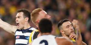 Pointing to victory:Geelong’s Jeremy Cameron.