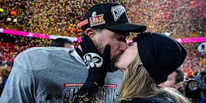 Taylor Swift and Travis Kelce at an NFL game in Missouri last year.
