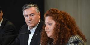 Eddie McGuire fronts the press over a leaked report of systemic racism at the club on Monday. 