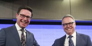 Deputy Nationals leader David Littleproud and opposition agriculture spokesman Joel Fitzgibbon at the National Press Club of Australia in Canberra. 