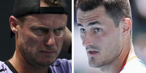 Falling out:Lleyton Hewitt and Bernard Tomic.