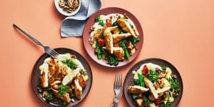 Healthy and delicious:Cumin chicken with pumpkin and garlic yoghurt.