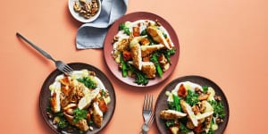 Healthy and delicious:Cumin chicken with pumpkin and garlic yoghurt.