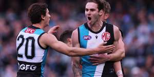 Port Adelaide’s Jeremy Finlayson celebrates a goal in a game last year.