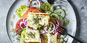 Greek salad with honey-baked feta.