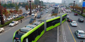 A battery-powered trackless tram in operation in the Chinese city of Zhuzhou.