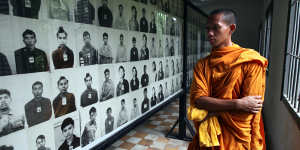 Portraits of Khmer Rouge victims paper the walls of the Tuol Sleng genocide museum in Phnom Penh,Cambodia.