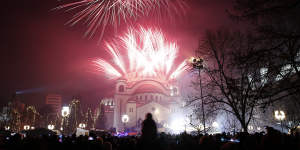 Fireworks illuminate the sky over St Sava temple in Belgrade,Serbia,on January 14,2019,where Orthodox Christians celebrate New Year according to the Julian calendar. 