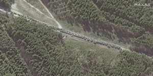 The northern end of a convoy of Russian vehicles southeast of Ivankiv,Ukraine.