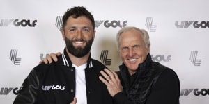 Jon Rahm and LIV Golf boss Greg Norman pose for a photo in New York after the announcement.