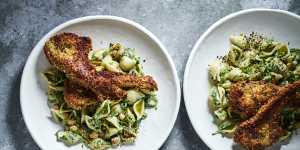 Crumbed lamb cutlets with pasta,green chilli and chickpea salad.