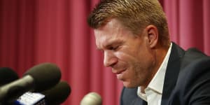 David Warner in tears during his press conference after the ball-tampering scandal in 2018.