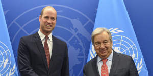 Prince William shakes hands with United Nations Secretary General Antonio Guterres during a meeting at UN headquarters in New York on Monday.