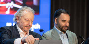 WiseTech co-founder and current executive chairman,Richard White,and his chief executive Zubin Appoo at the company’s AGM on Friday.