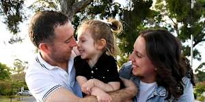 Adam and Adriana Sharpe with their daughter Alessia,3,who was the first baby to be diagnosed with SMA under the newborn screening program,17 days after it started in August 2018.