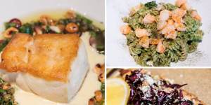 The Grana dishes,clockwise from left:The fillet of blue eye;fusilli with pistachio pesto and prawns;eggplant cotoletta. 
