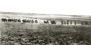 The charge of the 4th Australian Light Horse Brigade at Beersheba. This photograph was once thought to be of the charge itself,but today is believed to be a reconstruction of the event filmed the next day. 