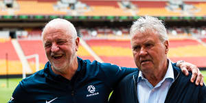 Socceroos coach Graham Arnold and his beloved predecessor Guus Hiddink,who spearheaded Australia’s famous 2006 run to the round of 16.