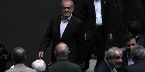 Newly elected Iranian President Masoud Pezeshkian at his swearing-in ceremony.