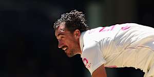 Mitchell Starc in full flight during the fifth Ashes Test in January.
