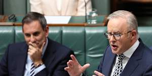 Treasurer Dr Jim Chalmers and Prime Minister Anthony Albanese during Question Time at Parliament House in Canberra on Wednesday 27 August 2025. fedpol Photo:Alex Ellinghausen