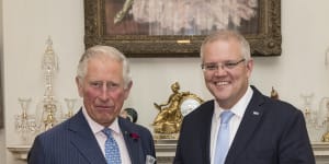 Prime Minister Scott Morrison meets Prince Charles at Buckingham Palace.