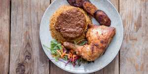 Jollof rice with chicken at Vola Foods.