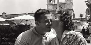 Olga Fikotova kissing her husband,Harold Connolly at the Rome Olympic Games in 1960.
