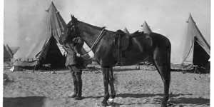 Major General Sir William Throsby Bridges holding the bridle of his favourite charger,Sandy. 