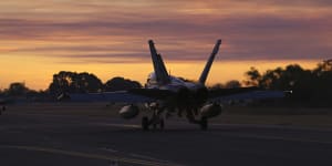 A RAAF F/A-18 Hornet takes off from RAAF Base Tindal during Exercise Diamond Storm,2017.