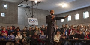 Obama fronts a town hall meeting in a gym in Davenport,eastern Iowa,on January 1,2008. “No one could see him,so his staff found a wooden crate and made it into a stage,” says Shell. 
