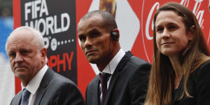 Graham Arnold and FIFA legends Rivaldo and Heather O’Reilly at Allianz Stadium on Monday,where the men’s and women’s FIFA World Cup trophies were on display.