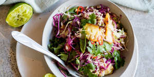 Three Blue Ducks'charred pineapple and red cabbage salad.