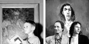 Garry Shead as a young boy,left,with the program for the Archibald,Wynne and Sulman prizes in 1952. On the right,Shead with Tom Thompson in front of his 1993 Archibald-winning portrait of Thompson. 