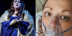 Australian opera singer Helena Dix,performing in Norma for Melbourne Opera last year (left),and in a British hospital (right) after developing a large blood clot in her lungs .