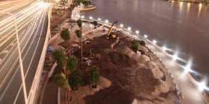 New public space pushes out over the Brisbane River,40 metres beyond the Riverside Expressway,as part of the Queens Wharf development.