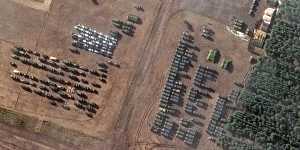 A satellite image provided by Maxar Technologies shows new deployments of troops and equipment that have been established in rural areas southwest of Belgorod.