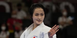 Kiyou Shimizu of Japan competes in the elimination round of the women’s kata. 