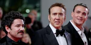 Lorcan Finnegan (left),Nicolas Cage and actor Alexander Bertrand at The Surfer world premiere in Cannes.
