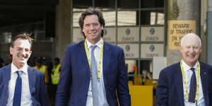 Incoming AFL chief executive Andrew Dillon,outgoing chief Gillon McLachlan and AFL chairman Richard Goyder arrive ahead of the 2023 AFL grand final.
