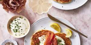 Julia Busuttil Nishimura’s chive pancakes with smoked salmon and creme fraiche.